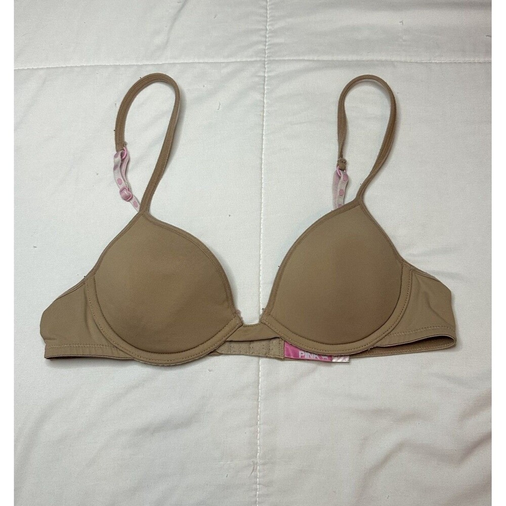 VTG Y2K PINK VS T Shirt Bra 34A Nude Pink Polka Dot 00s Underwire Adjustable Tan